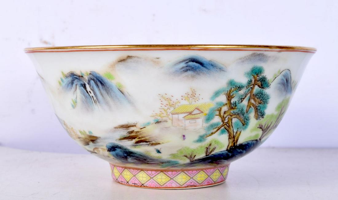 A Chinese porcelain bowl decorated with a mountainous landscape 8 x 16.5 cm. (1 of 3)