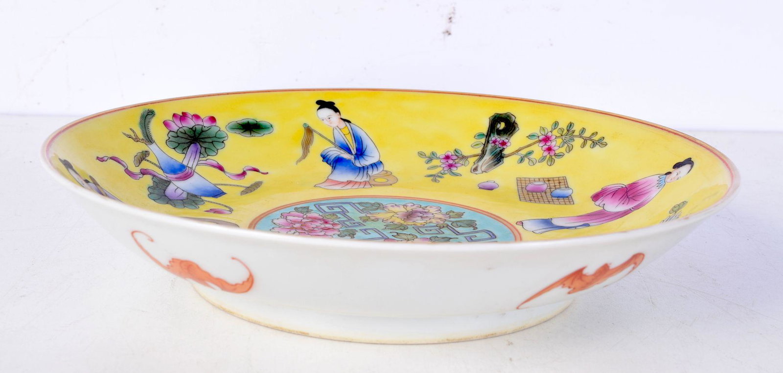 A Chinese porcelain yellow ground dish with a central Famille verte flower design 21 diameter (1 of 3)