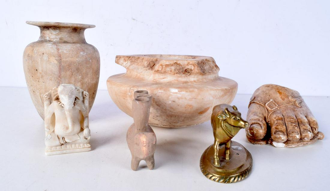 A carved stone pestle together with a stone pot, stone Ganesh etc 10 x 19 cm (6) (1 of 3)