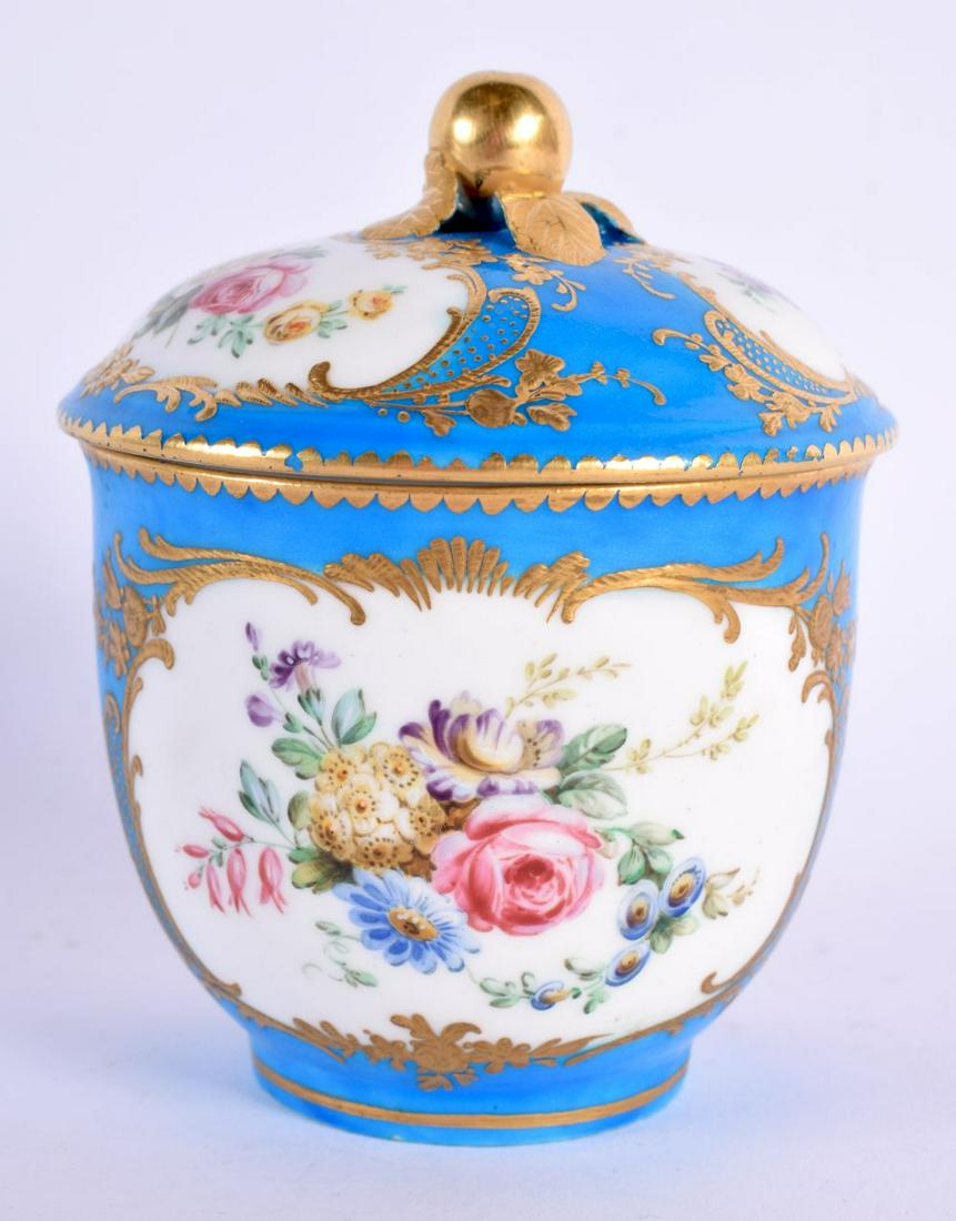 Sevres sucrier and cover painted with flowers in raised tooled gilt cartouches, Crossed L’s, with S: Sevres sucrier and cover painted with flowers in raised tooled gilt cartouches, Crossed L’s, with S mark, purchased Dreweatt Neate 2007 10x9cm