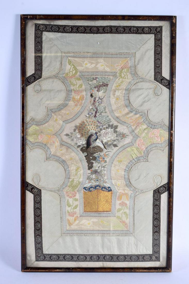 A 19TH CENTURY CHINESE SILKWORK EMBROIDERED PANEL Qing, depicting birds within landscapes. 60 cm x 3 (1 of 7)