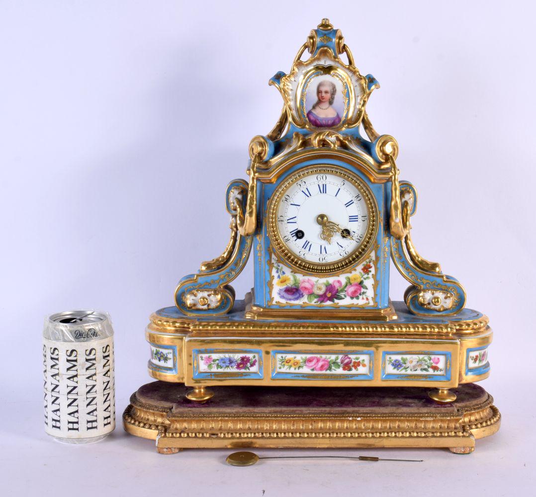 A LARGE 19TH CENTURY FRENCH SEVRES PORCELAIN MANTEL CLOCK painted with portraits and foliage. 38 cm (1 of 6)