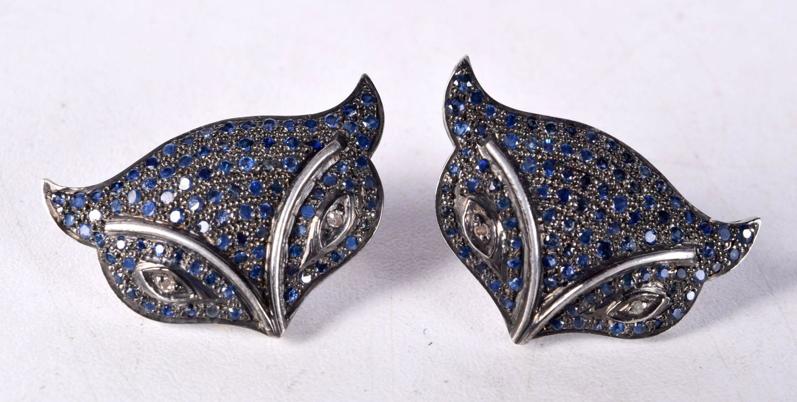 A PAIR 14CT GOLD AND DIAMOND CAT EARRINGS. 12 grams. 3 cm x 2 cm. (1 of 2)