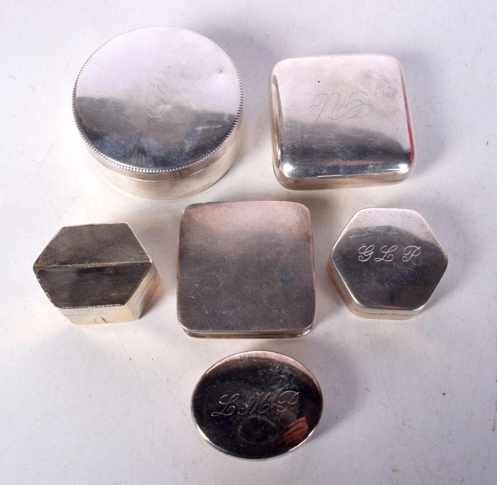 SIX VINTAGE SILVER BOXES. 165 grams. Largest 6 cm x 2.25 cm. (6) (1 of 5)
