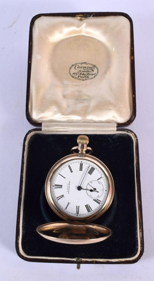 AN ANTIQUE GOLD PLATED FULL HUNTER POCKET WATCH. 114 grams. 5.25 cm wide. (1 of 4)