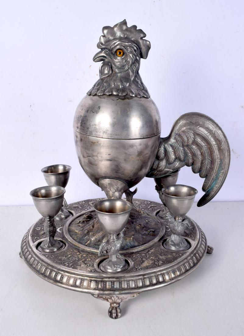 A LARGE 19TH CENTURY CONTINENTAL SILVER PLATED HEN CRUET SET. 30 cm x 24 cm. (1 of 4)