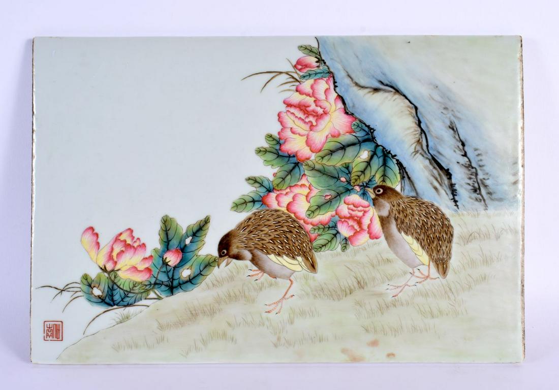 A LARGE EARLY 20TH CENTURY CHINESE FAMILLE ROSE TILE Late Qing/Republic, painted with birds. 39 cm x (1 of 5)