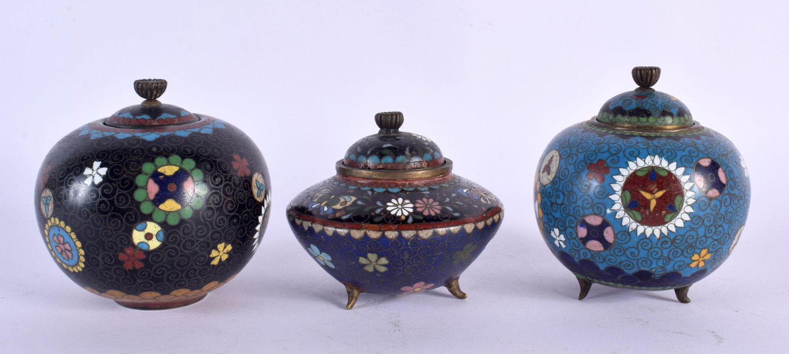 THREE 19TH CENTURY JAPANESE MEIJI PERIOD CLOISONNE ENAMEL CENSERS. 7.5 cm wide. (3): THREE 19TH CENTURY JAPANESE MEIJI PERIOD CLOISONNE ENAMEL CENSERS. 7.5 cm wide. (3)