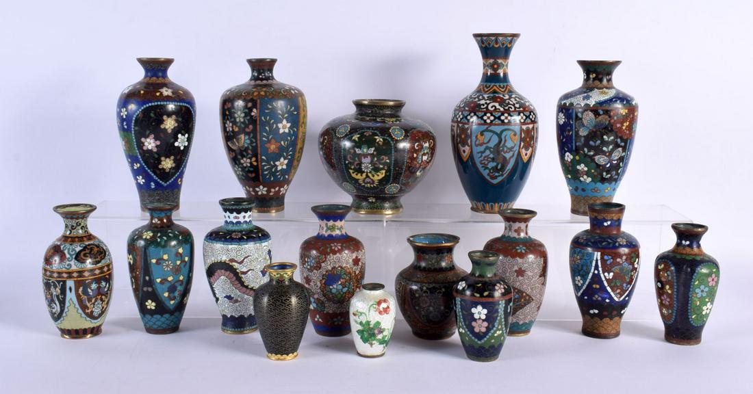 SIXTEEN 19TH CENTURY JAPANESE MEIJI PERIOD CLOISONNE ENAMEL VASES in various forms and sizes. Larges (1 of 10)