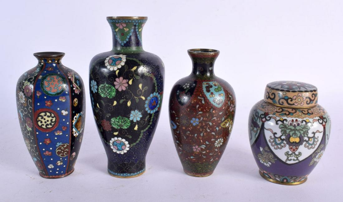 A 19TH CENTURY JAPANESE MEIJI PERIOD CLOISONNE ENAMEL JAR AND COVER together with three vases. Large: A 19TH CENTURY JAPANESE MEIJI PERIOD CLOISONNE ENAMEL JAR AND COVER together with three vases. Largest 15.5 cm high. (4)