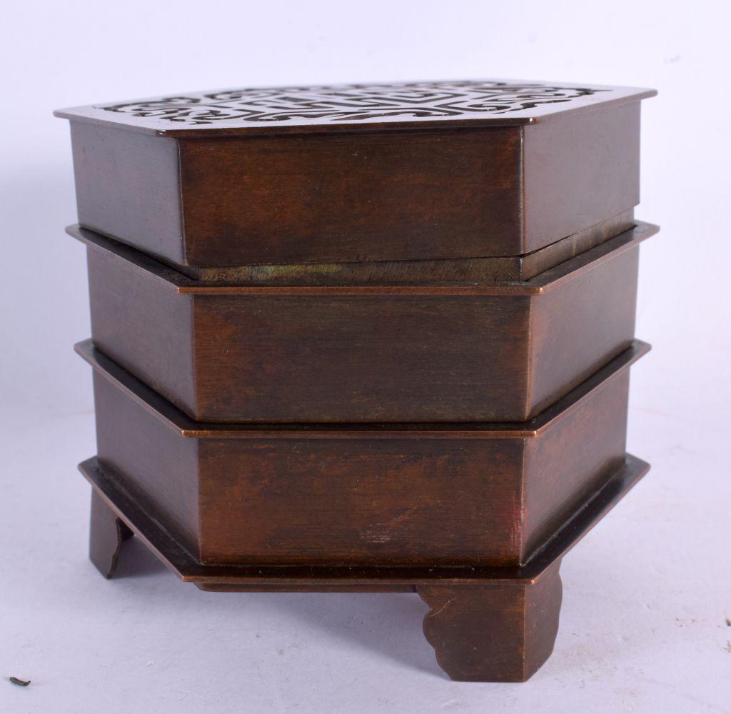A SET OF CHINESE REPUBLICAN PERIOD BRONZE STACKING BOXES AND COVERS. 9 cm x 9 cm. (1 of 3)