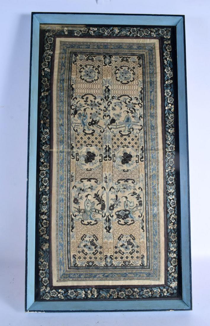 A 19TH CENTURY CHINESE FRAMED AND EMBROIDERED PANEL decorated with figures. 65 cm x 35 cm. (1 of 5)