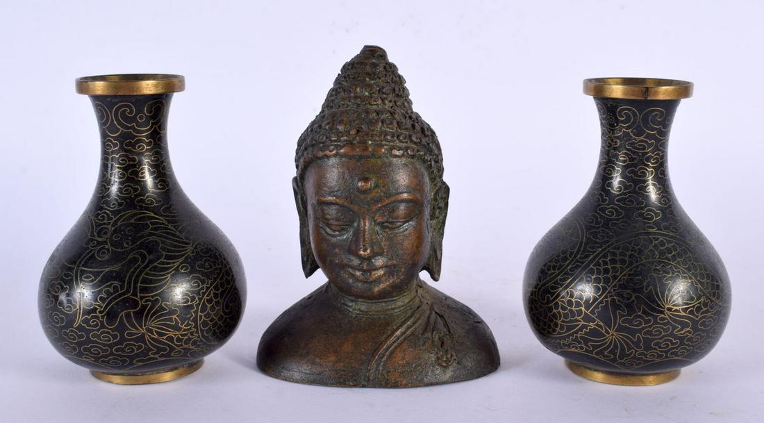 A PAIR OF EARLY 20TH CENTURY CHINESE CLOISONNE ENAMEL VASES together with a copper alloy buddha head (1 of 3)