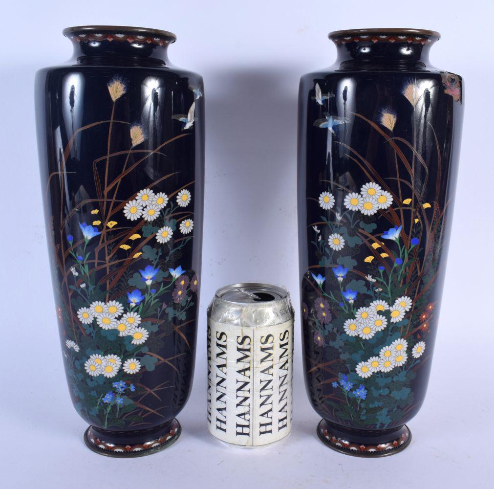 A LARGE PAIR OF 19TH CENTURY JAPANESE MEIJI PERIOD CLOISONNE ENAMEL VASES decorated with foliage. 33 (1 of 5)