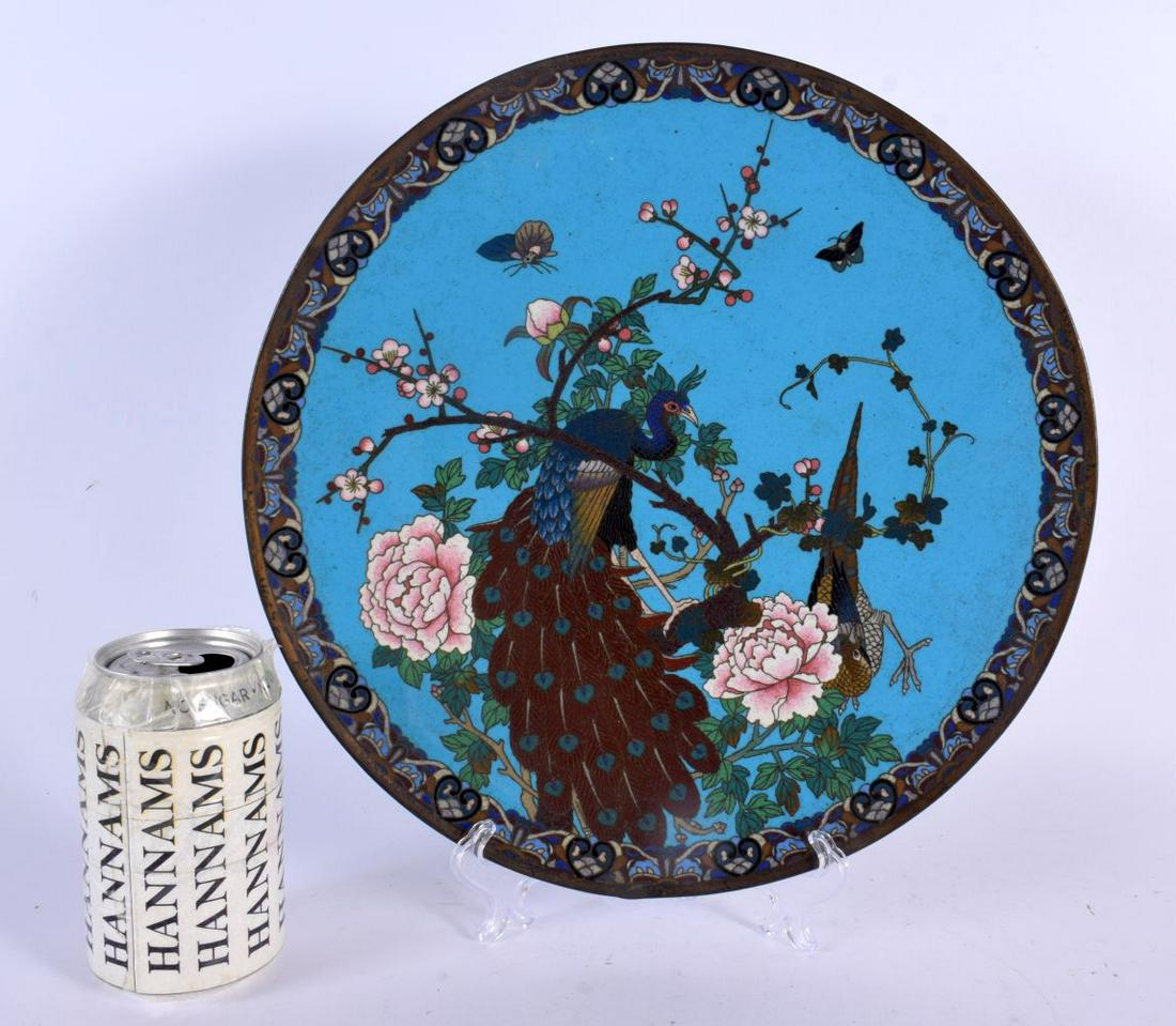 A 19TH CENTURY JAPANESE MEIJI PERIOD CLOISONNE ENAMEL DISH decorated with birds. 30 cm diameter. (1 of 4)