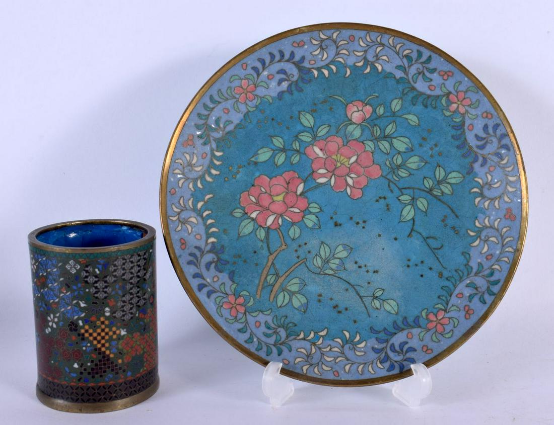A 19TH CENTURY JAPANESE MEIJI PERIOD CLOISONNE ENAMEL BRUSH POT together with a similar dish. Larges (1 of 4)