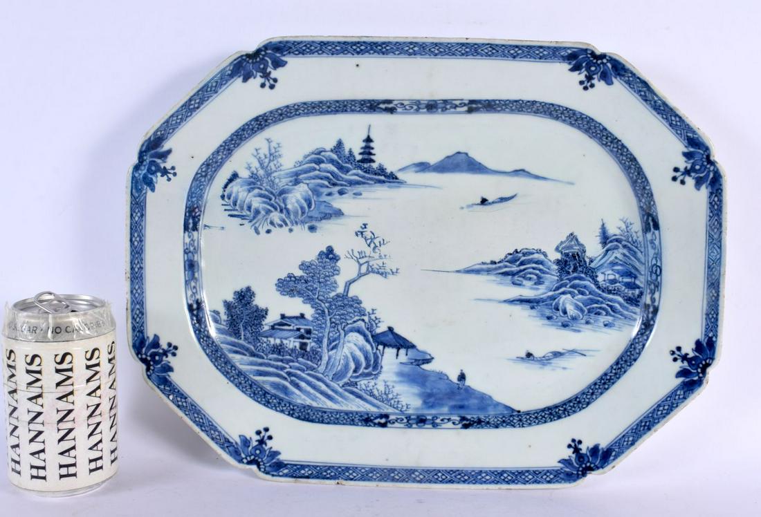 AN 18TH CENTURY CHINESE BLUE AND WHITE EXPORT DISH Qianlong. 36 cm x 28 cm. (1 of 3)