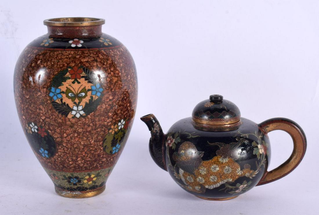AN UNUSUAL 19TH CENTURY JAPANESE MEIJI PERIOD CLOISONNE ENAMEL TEAPOT AND COVER together with a simi (1 of 4)