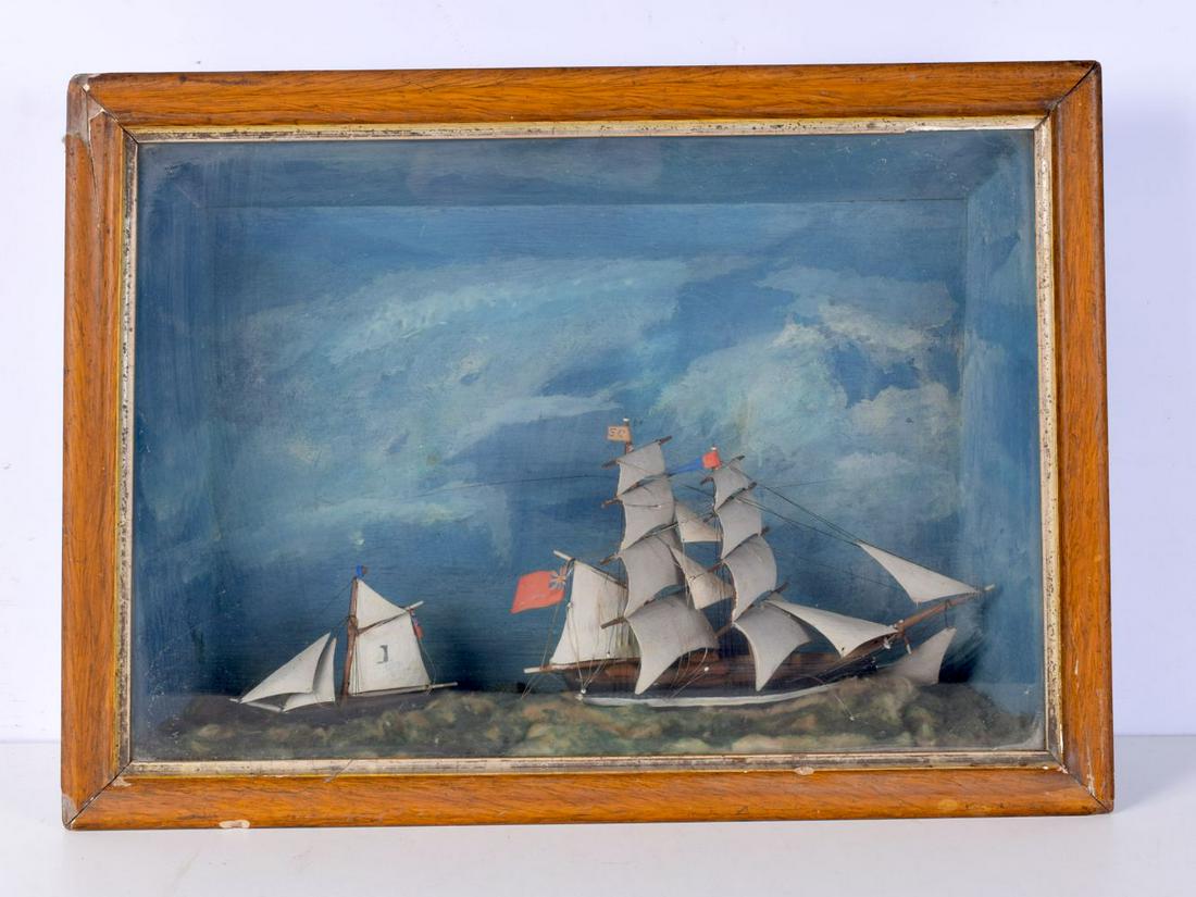 A cased Diorama of a clipper and another sail boat 37 x 50 cm.: A cased Diorama of a clipper and another sail boat 37 x 50 cm.