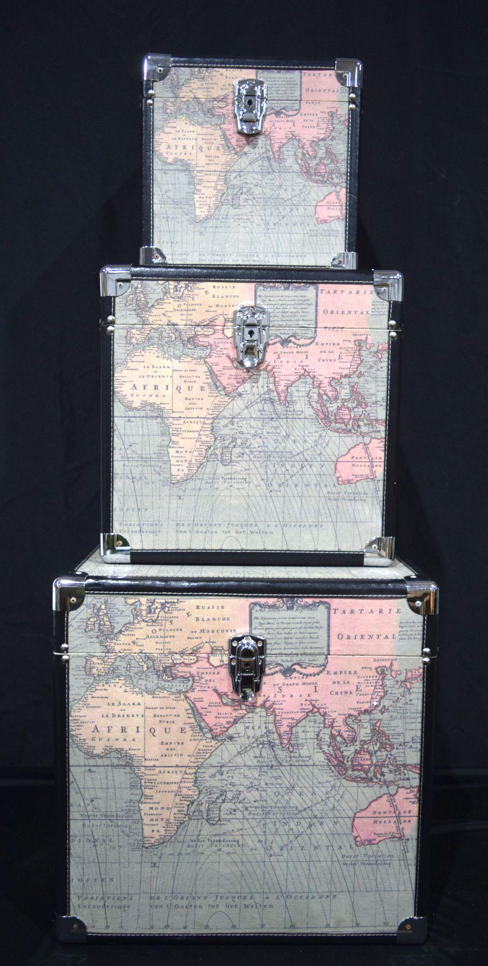 A set of three map of the world storage boxes/trunks. Largest 49 cm (3). (1 of 3)