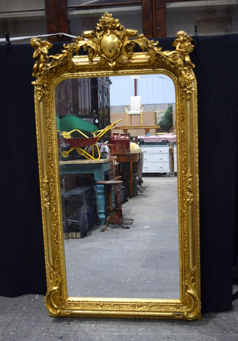 A large gilt wood framed French Baroque style mirror decorated with Cherubs 161 x 83 cm (1 of 6)