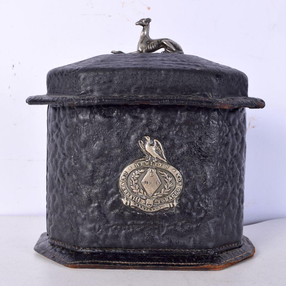 A Georgian Frederick William Hewitts tin lined and leather encased Tobacco box with silvered greyhou (1 of 6)