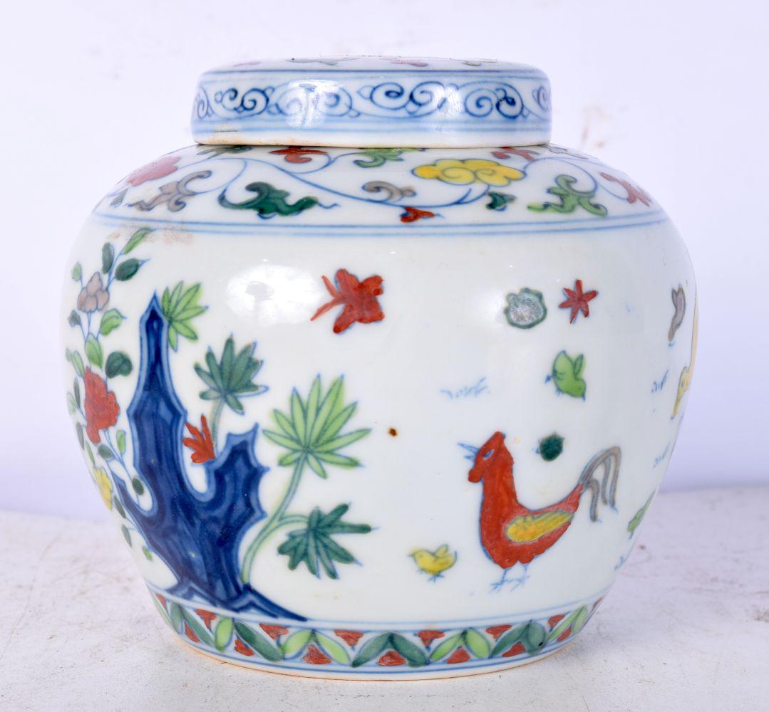 A Chinese porcelain Doucai Ginger jar decorated with Chickens and foliage 10 cm. (1 of 6)