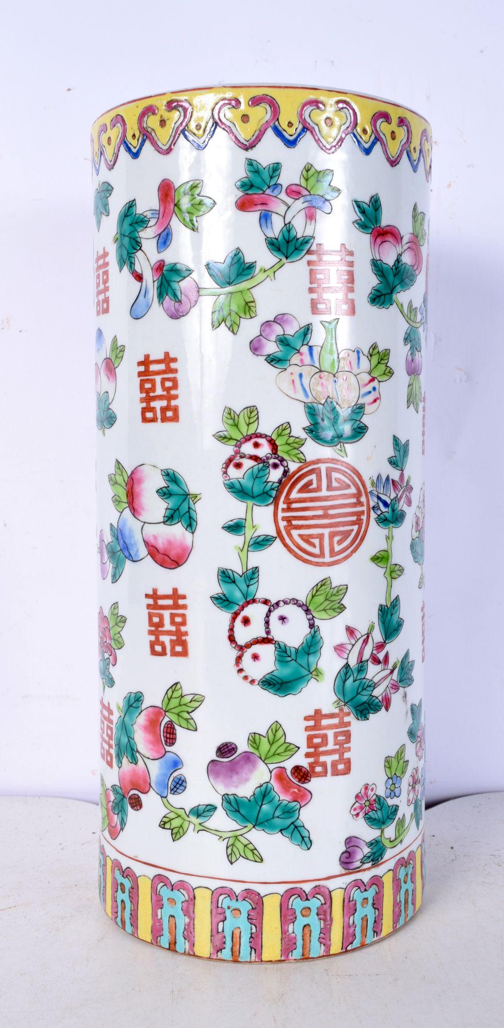 A Chinese porcelain polychrome brush pot decorated with peach blossom 28 cm. (1 of 5)
