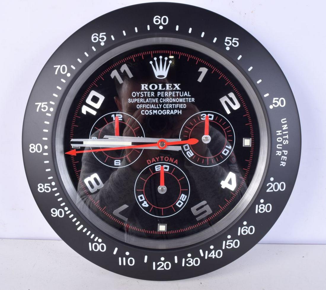 A Contemporary Rolex dealership style wall clock 34 cm.: A Contemporary Rolex dealership style wall clock 34 cm.