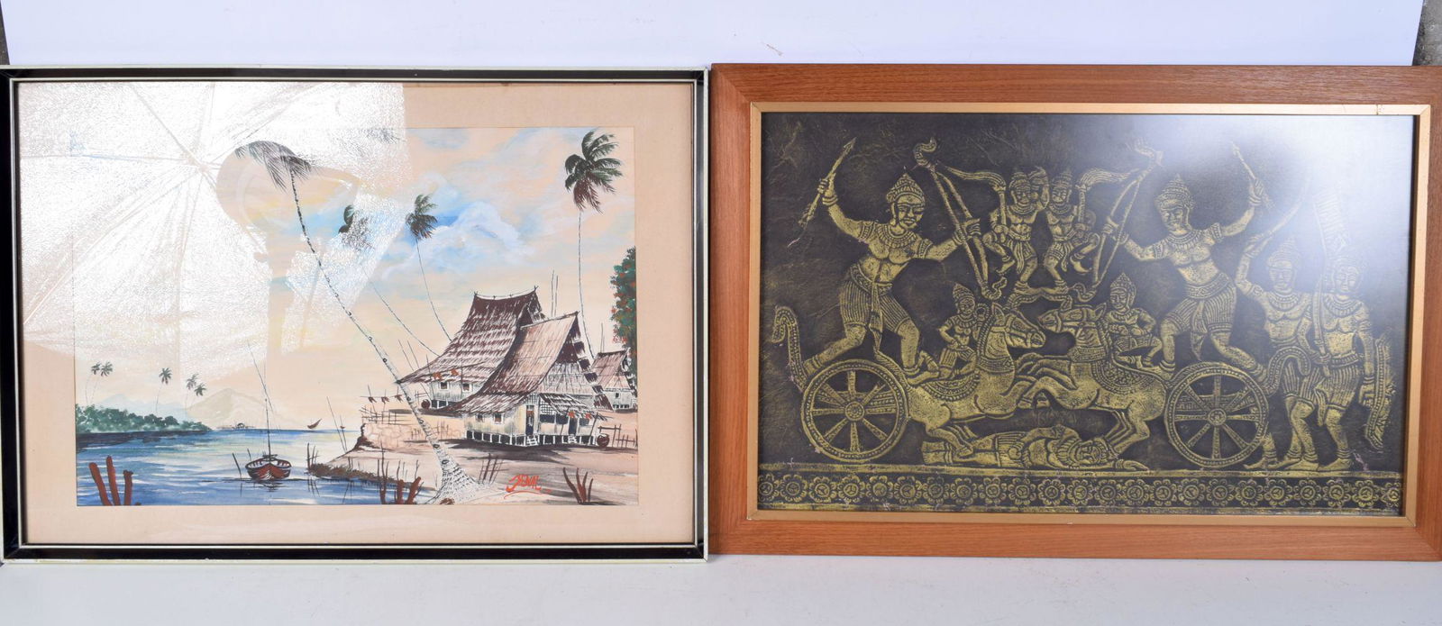 A framed South East Asian watercolour of a fishing village, together with a framed image made from p: A framed South East Asian watercolour of a fishing village, together with a framed image made from plaster of central Asian figures with a metallic effect. 38 x 61cm (2).