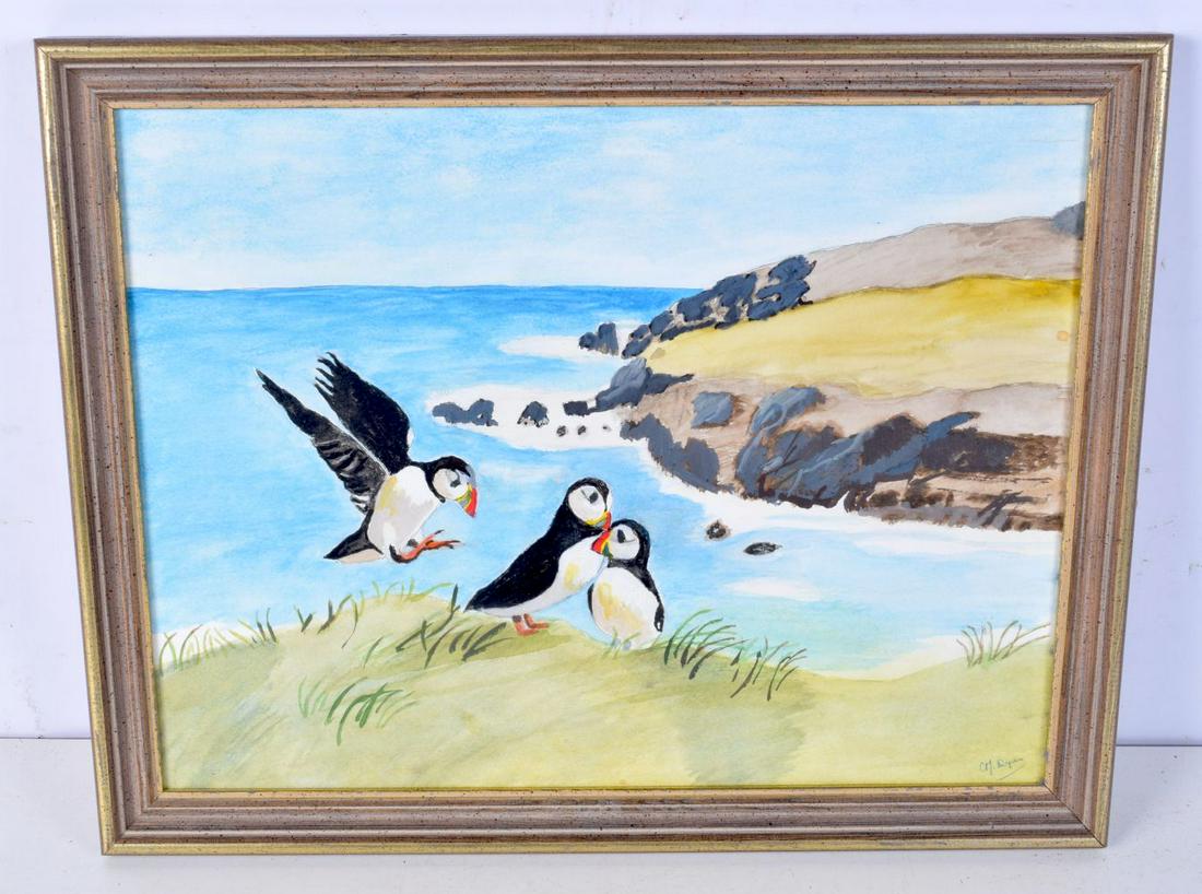 A framed watercolour of Puffins signed 'C M Dyer'. 30 x 38cm. (1 of 4)