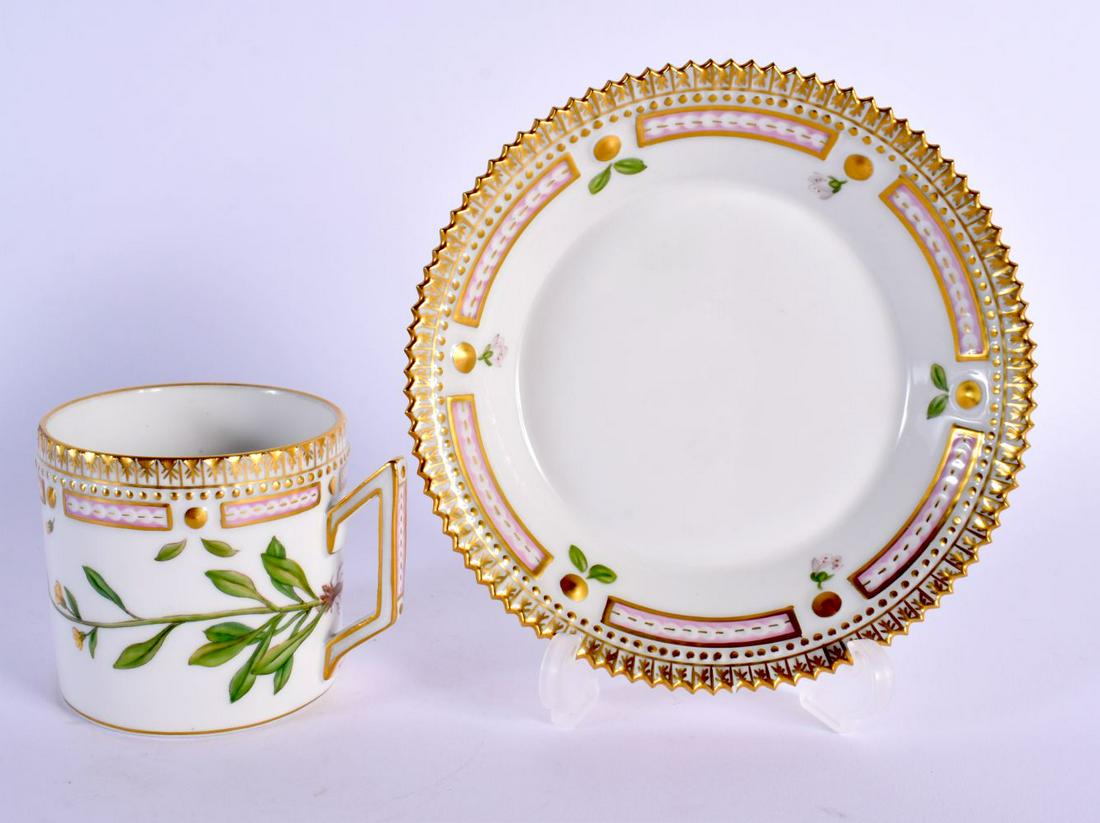 A ROYAL COPENHAGEN DANISH FLORA DANICA PORCELAIN TEACUP AND SAUCER. 12 cm wide. (2): A ROYAL COPENHAGEN DANISH FLORA DANICA PORCELAIN TEACUP AND SAUCER. 12 cm wide. (2)