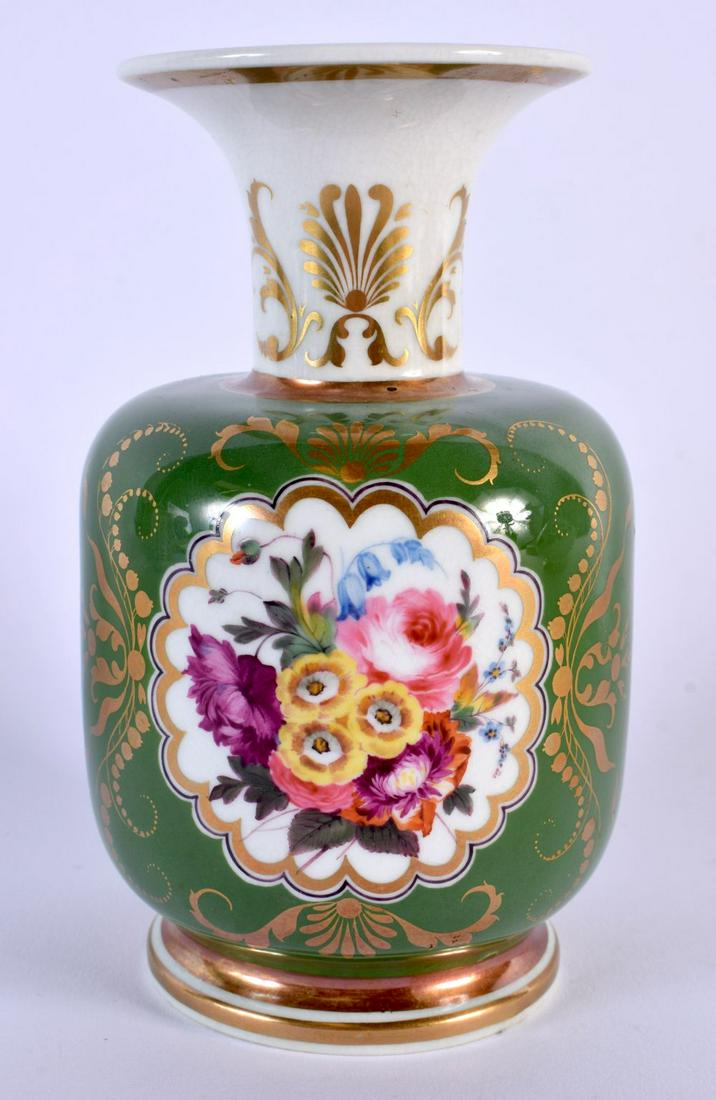Chamberlains Worcester vase, flared neck, painted with flowers in an ornate gilt panel on a green gr (1 of 4)