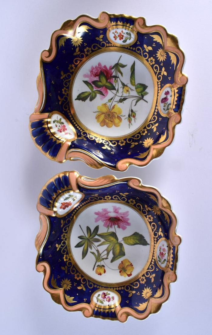 Early 19th c. English porcelain pair of botanical shell shaped dishes, pattern 119 or 611. 20 cm x 2 (1 of 2)