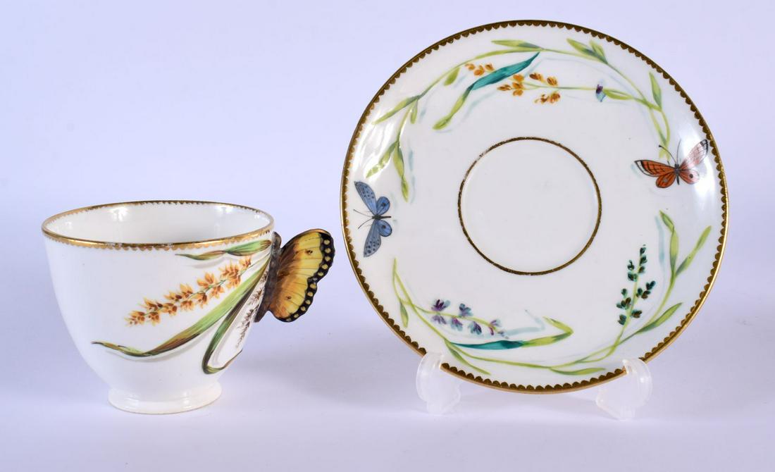 19th c. English porcelain butterfly handled coffee cup and moulded saucer painted with wild flowers (1 of 3)