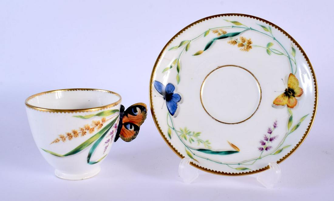 19th c. English porcelain butterfly handled coffee cup and moulded saucer painted with wild flowers (1 of 4)