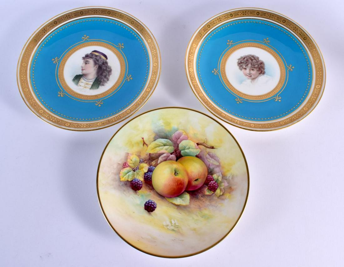 Minton plate with acid etched gilding and turquoise border painted with a girl, a similar plate pain (1 of 2)