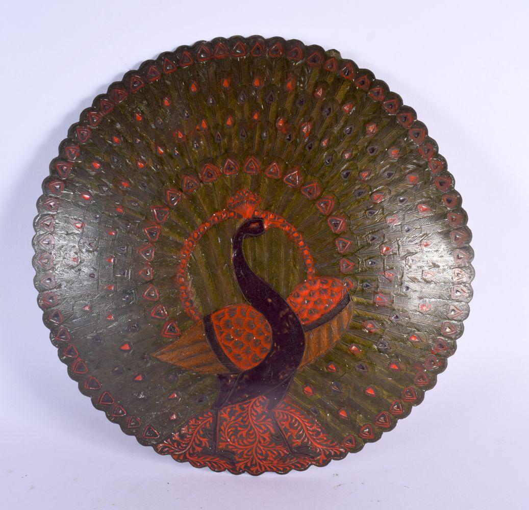 AN EARLY 20TH CENTURY INDIAN PERSIAN ENAMELLED BRASS PEACOCK SHIELD. 27 cm wide. (1 of 5)