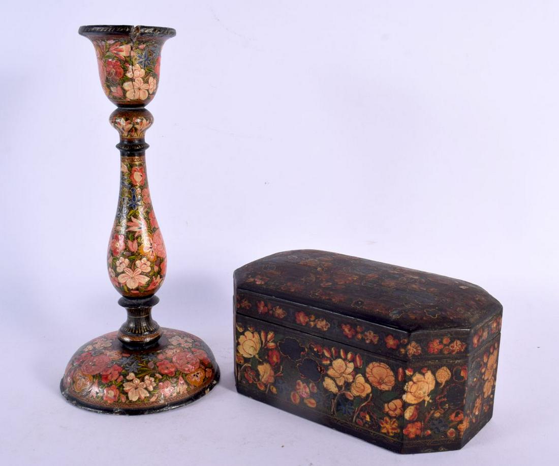 A 19TH CENTURY PERSIAN KASHMIR COUNTRY HOUSE LACQUER BOX together with a similar candlestick. Larges (1 of 6)