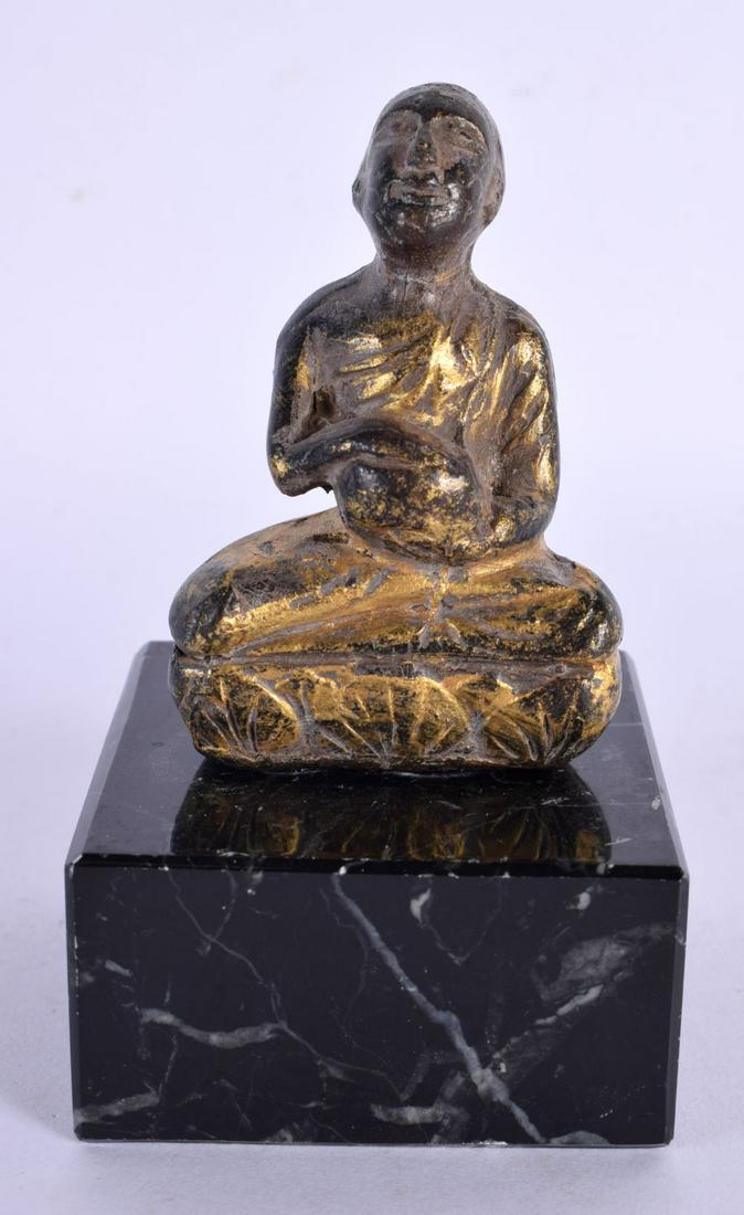 A 17TH/18TH CENTURY MIDDLE EASTERN ASIAN LACQUERED BRONZE BUDDHA modelled holding a vessel. 10 cm hi (1 of 4)