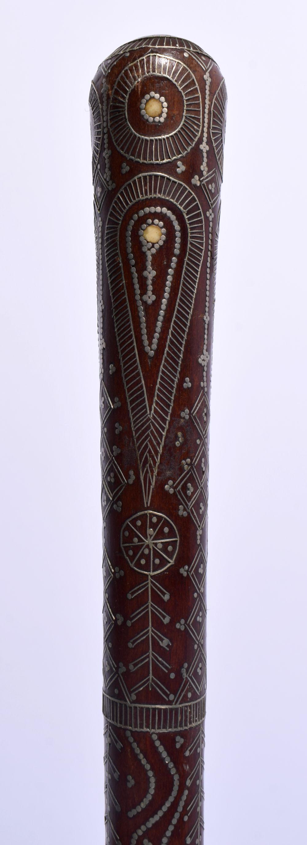 A FINE 19TH CENTURY ANGLO INDIAN SILVER INLAID HARDWOOD WALKING CANE decorated all over with motifs. (1 of 8)