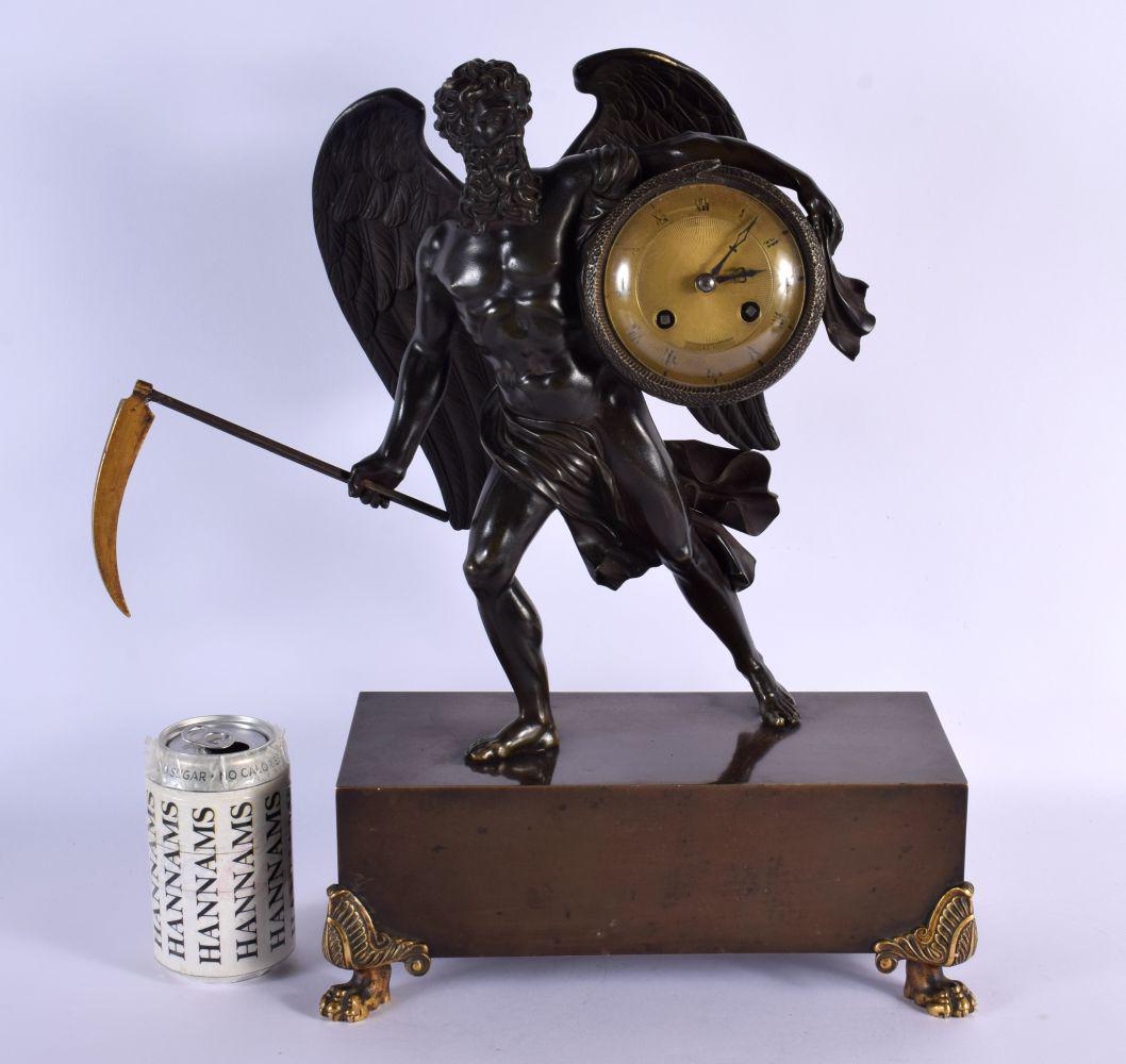 A LARGE 19TH CENTURY FRENCH BRONZE MANTEL CLOCK formed as a male holding a scythe. 44 cm x 30 cm. (1 of 7)