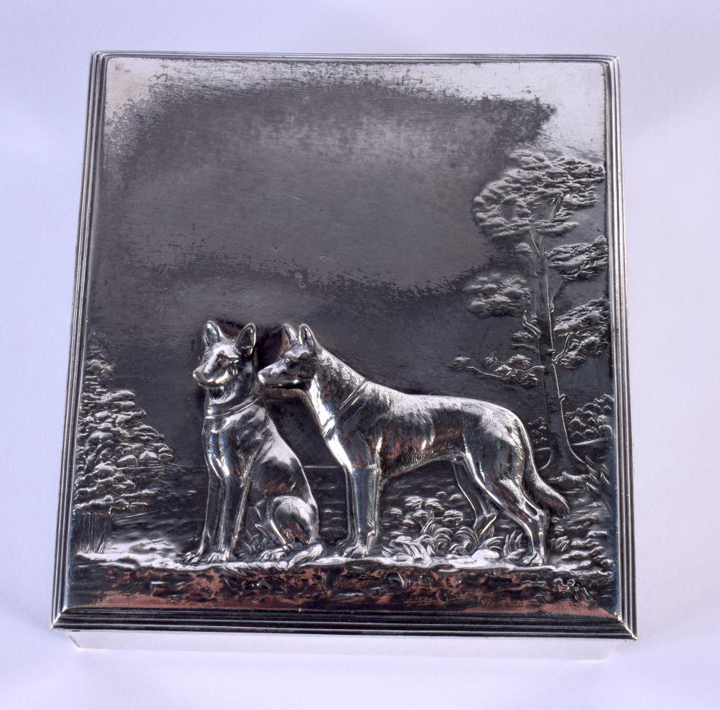 AN EARLY 20TH CENTURY WMF SILVER PLATED TABLE BOX decorated in relief with two German shepherd dogs. (1 of 5)