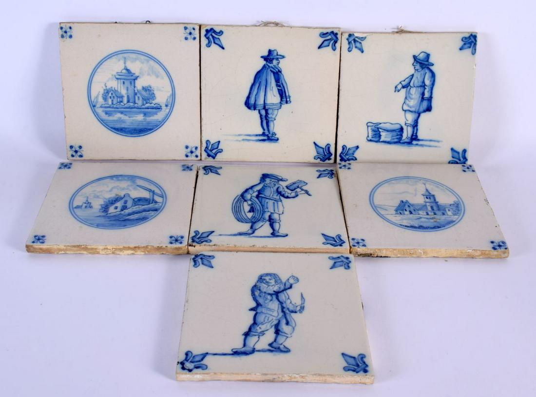 SEVEN ANTIQUE DELFT BLUE AND WHITE TILES. 12.5 cm square. (7) (1 of 5)