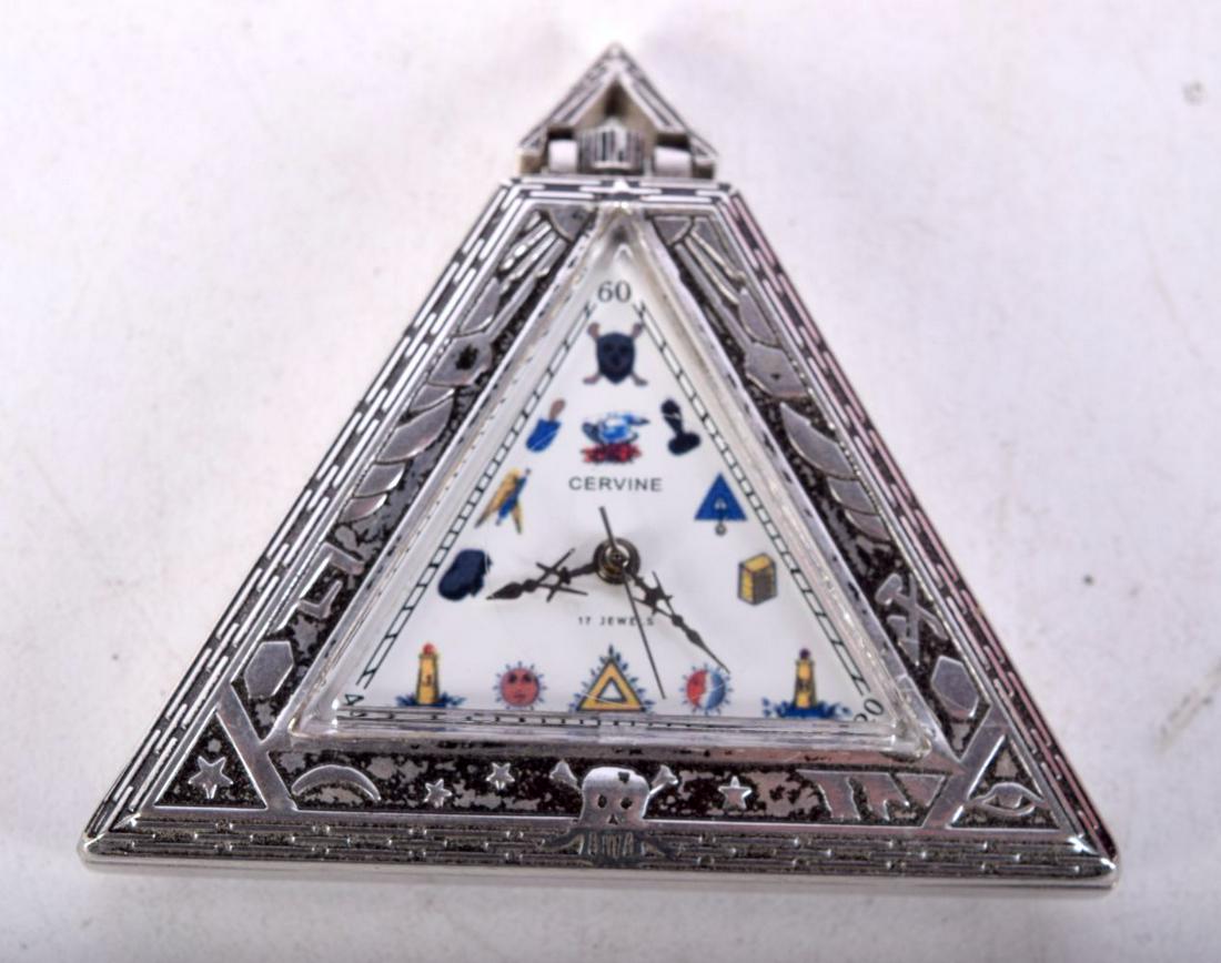 A TRIANGULAR MASONIC POCKET WATCH BY CERVINE.  5cm x 5.5cm (1 of 2)