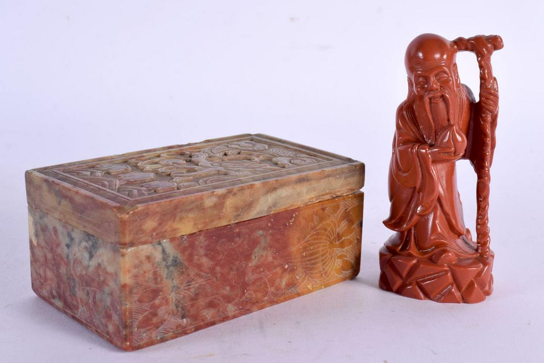 A 19TH CENTURY CHINESE CARVED SOAPSTONE BOX AND COVER Qing, together with a figure of sage. Largest (1 of 4)