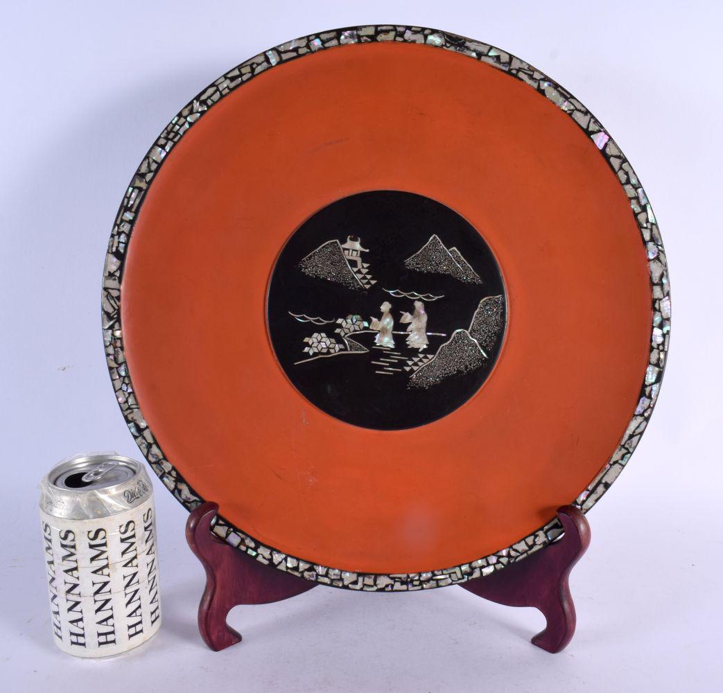 A LARGE JAPANESE TAISHO PERIOD RED LACQUER MOTHER OF PEARL DISH decorated with figures. 34 cm diamet (1 of 4)