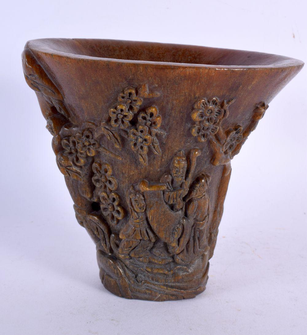 A LARGE CHINESE CARVED BUFFALO HORN LIBATION CUP 20th Century. 830 grams. 13 cm x 15 cm. (1 of 5)