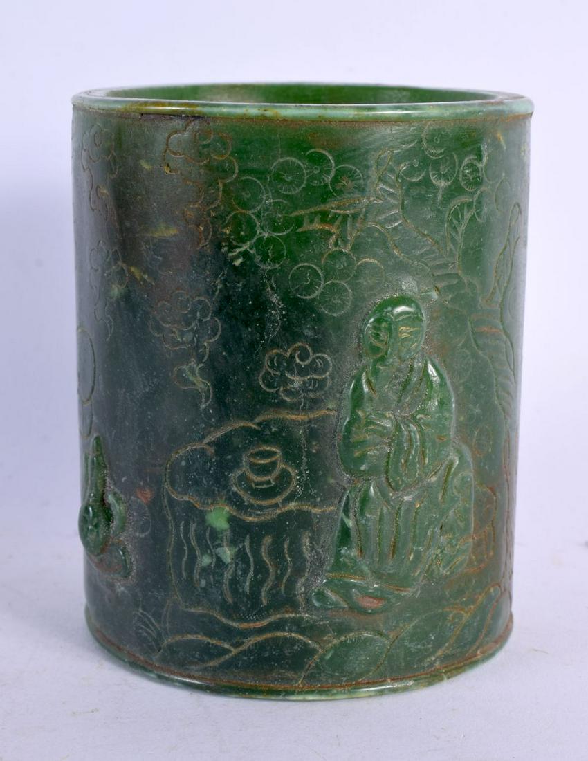 A CHINESE JADE TYPE BRUSH POT 20th Century. 10 cm x 8.5 cm. (1 of 4)