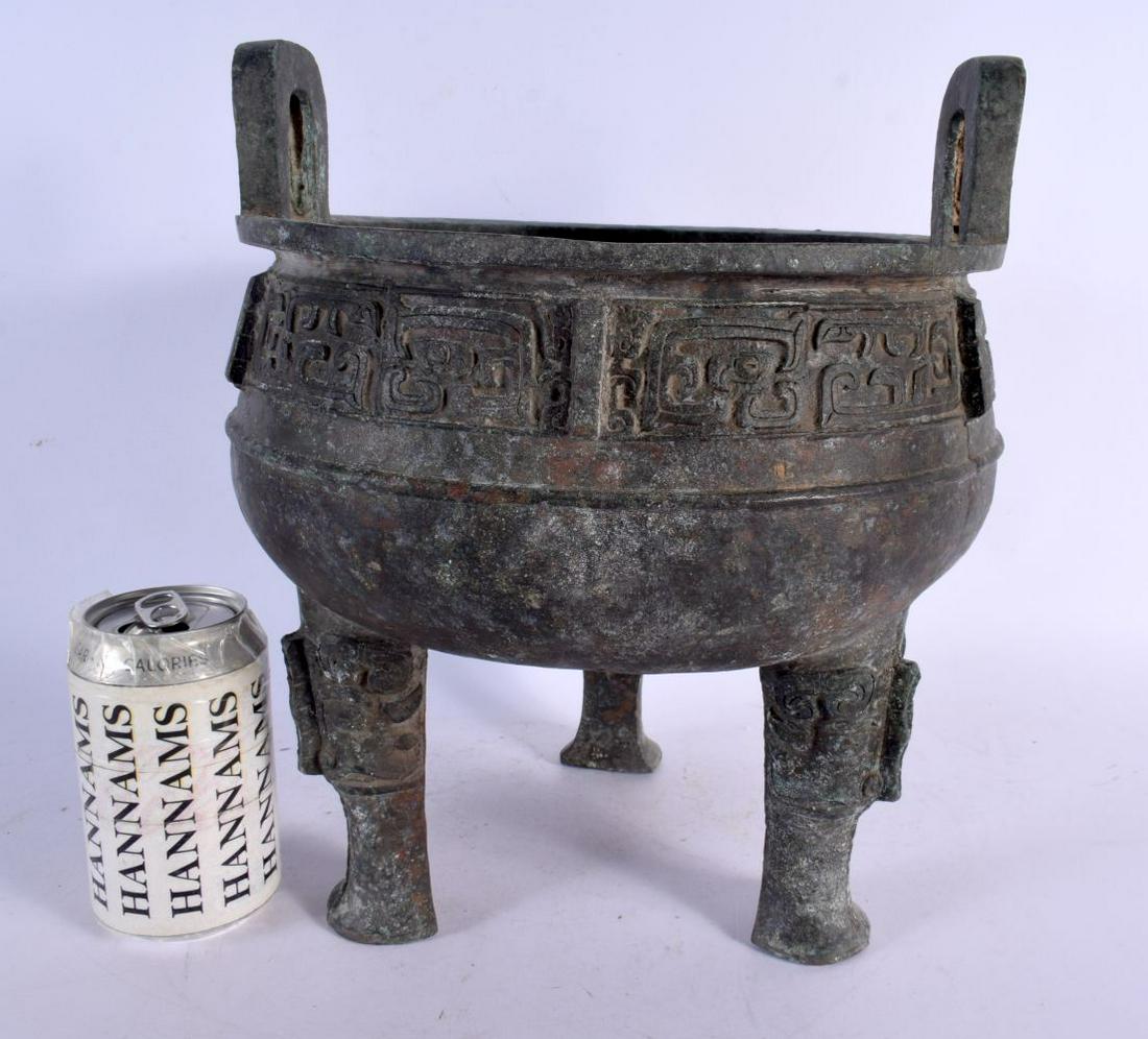 A LARGE CHINESE TWIN HANDLED ARCHAIC TYPE BRONZE CENSER possibly Qing dynasty. 32 cm x 23 cm. (1 of 6)